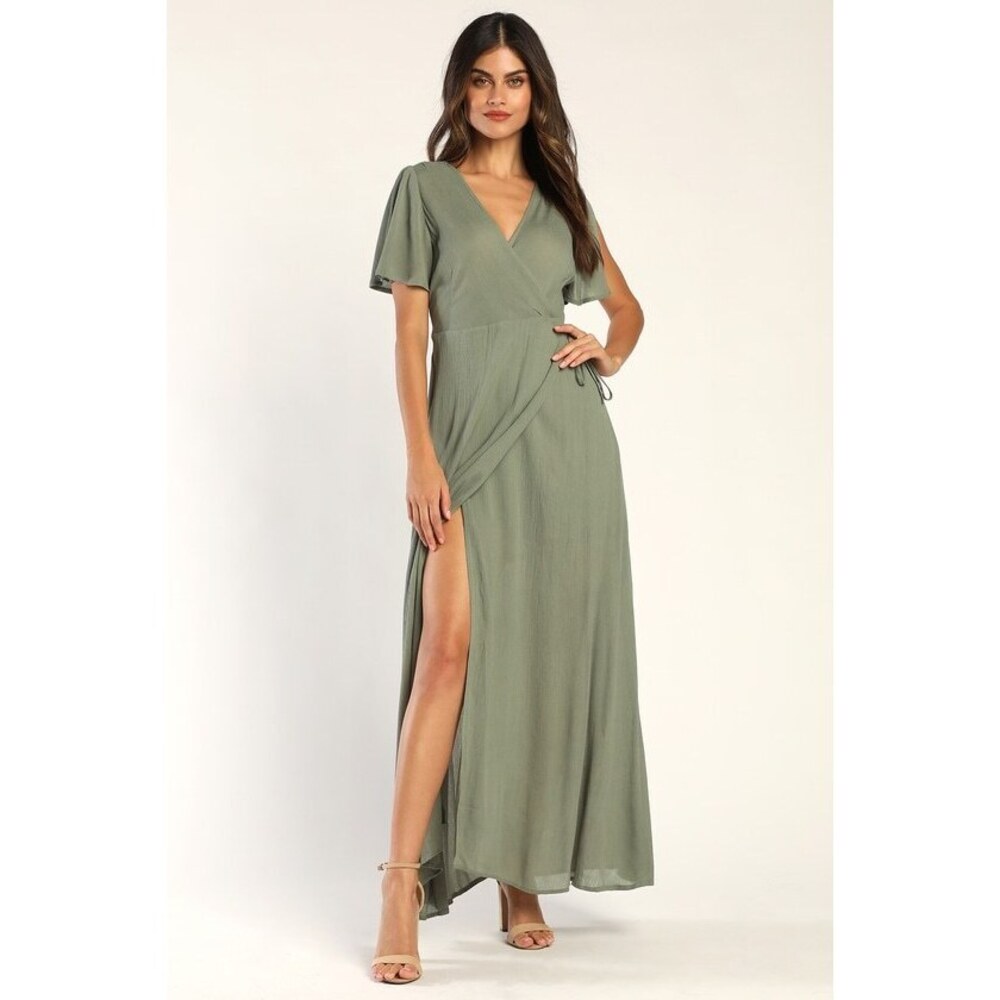 Lulus Much Obliged Washed Olive Green Wrap Maxi Dress - Size L